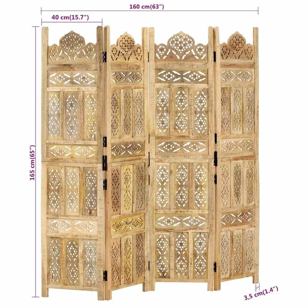Room Divider 4-Panel Hand Carved Wooden Folding Screen Privacy Partition