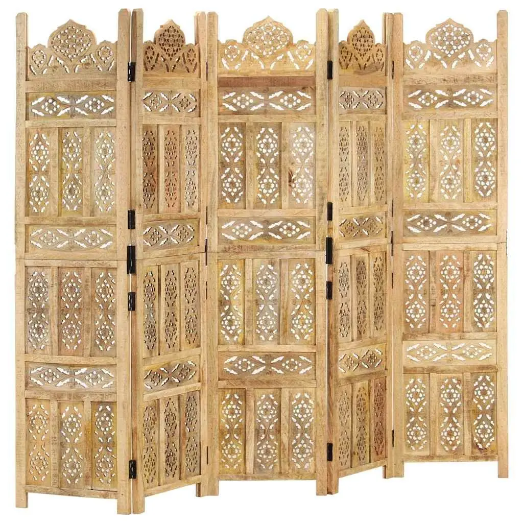 5-Panel Hand Carved Brown Wooden Room Divider