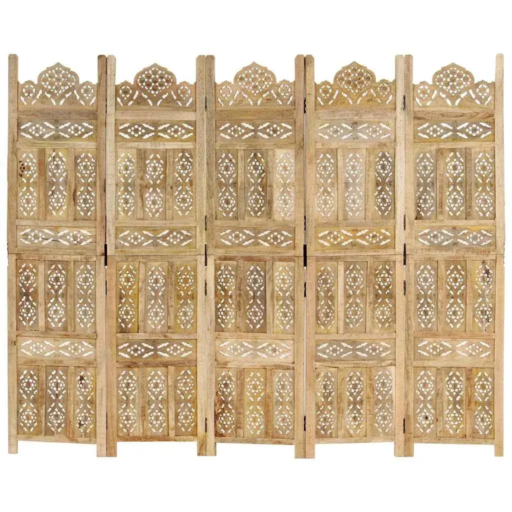5-Panel Hand Carved Brown Wooden Room Divider