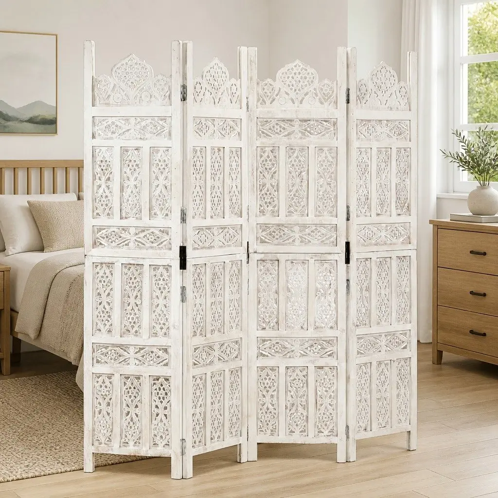 4-Panel Room Divider Solid Mango Wood 160 x 165 cm White