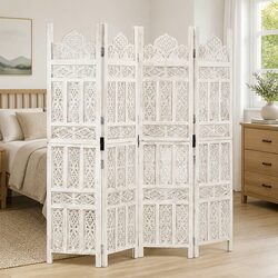 Elegant 4-Panel Hand Carved Wooden Room Divider