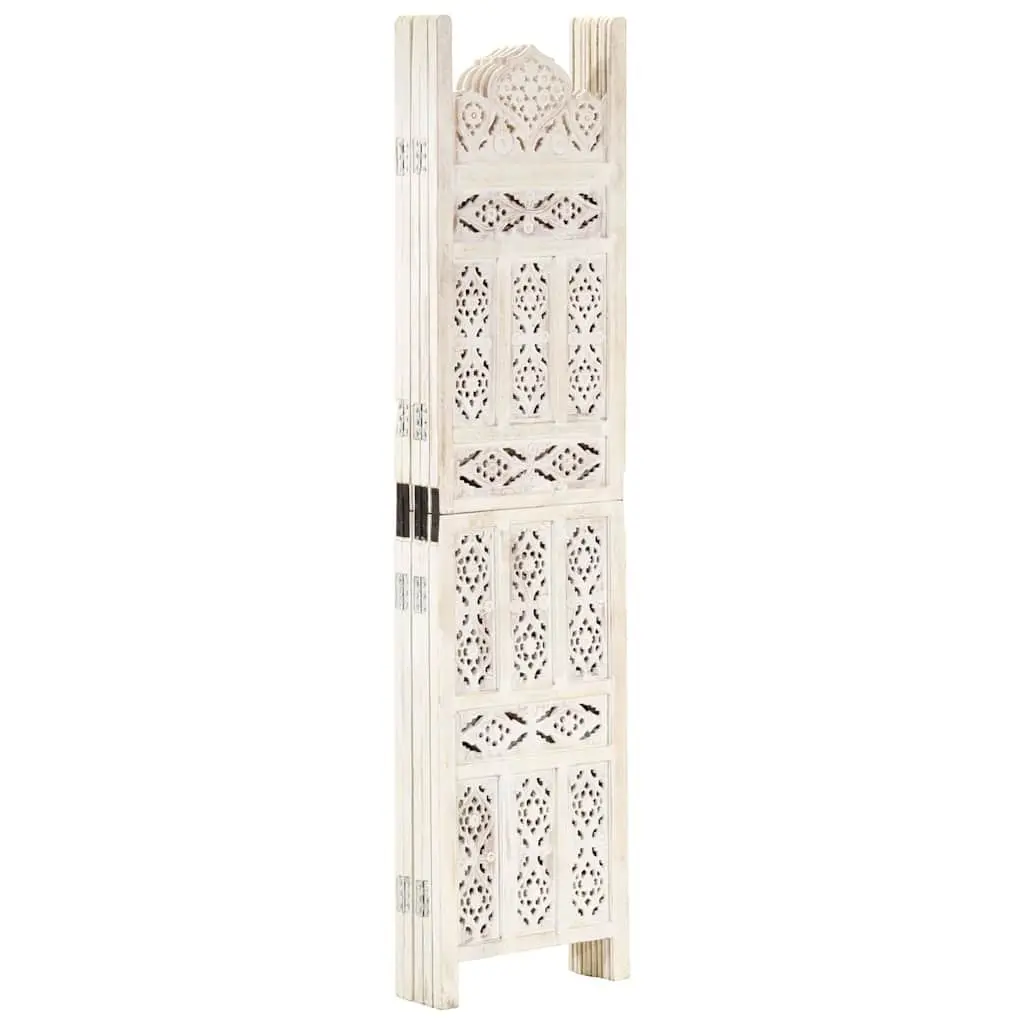 5 Panel Room Divider Screen Hand Carved Solid Mango Wood White Folding Privacy Partition