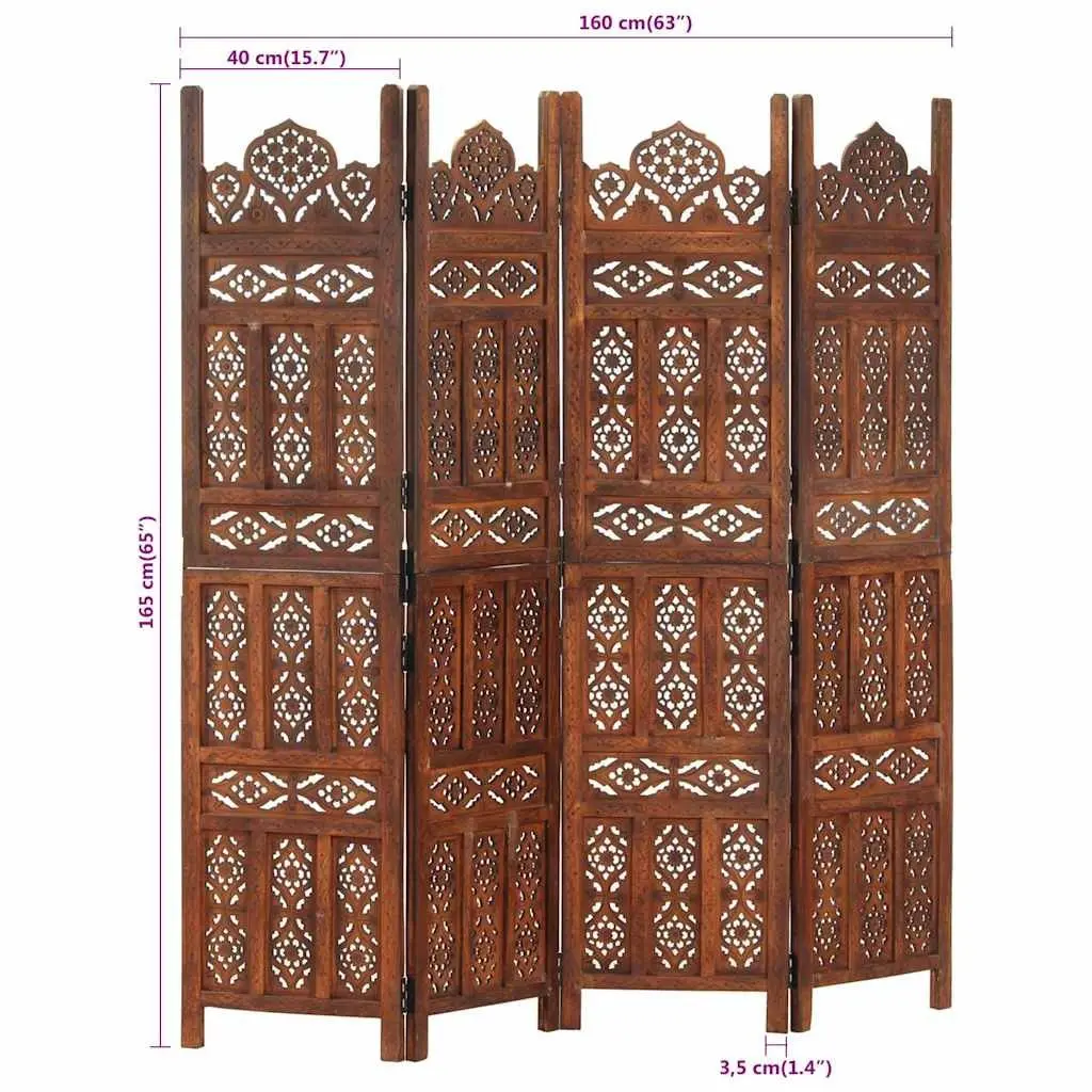 Hand Carved 4-Panel Folding Screen Divider