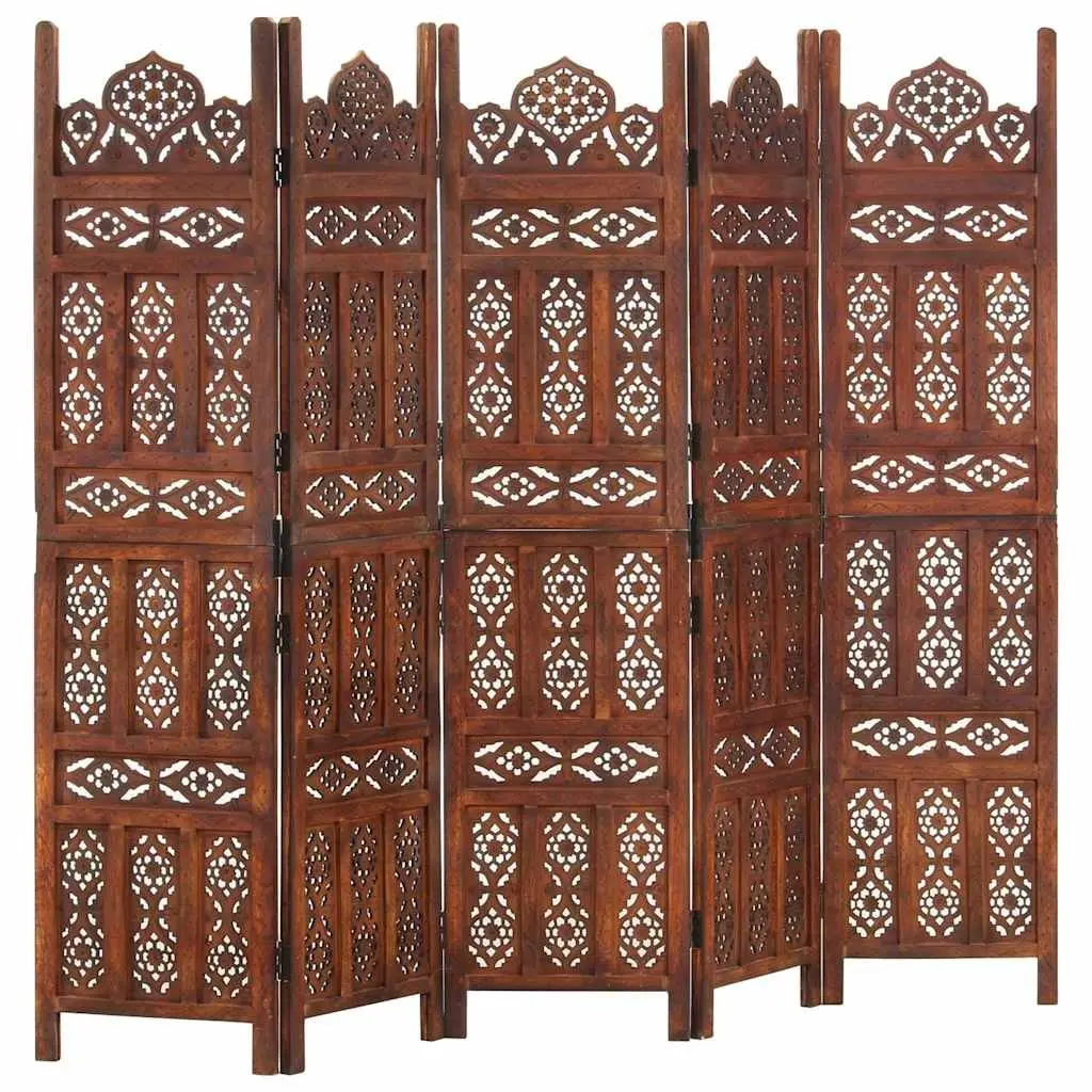 5-Panel Hand Carved Brown Wooden Room Divider