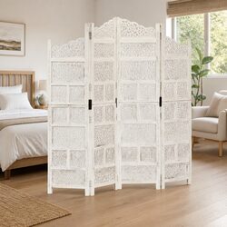 Elegant 4-Panel Hand-Carved Wooden Room Divider in White