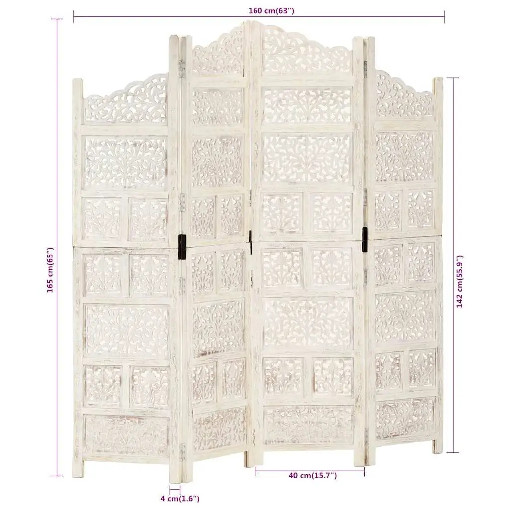 4-Panel Room Divider Solid Mango Wood 160 x 165 cm White
