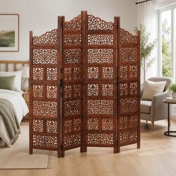 Hand Carved Brown 4-Panel Wooden Room Divider