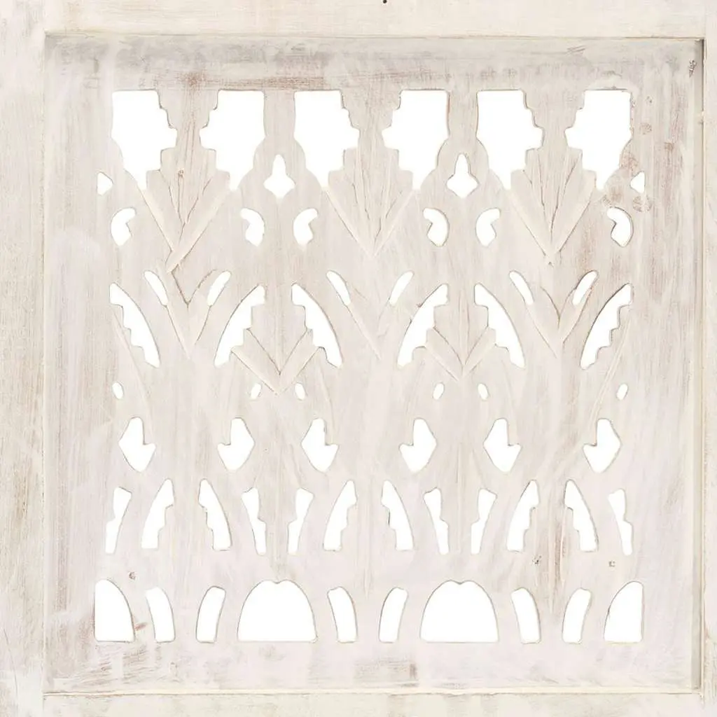 3-Panel Room Divider Hand Carved White Folding Privacy Screen Wooden Partition