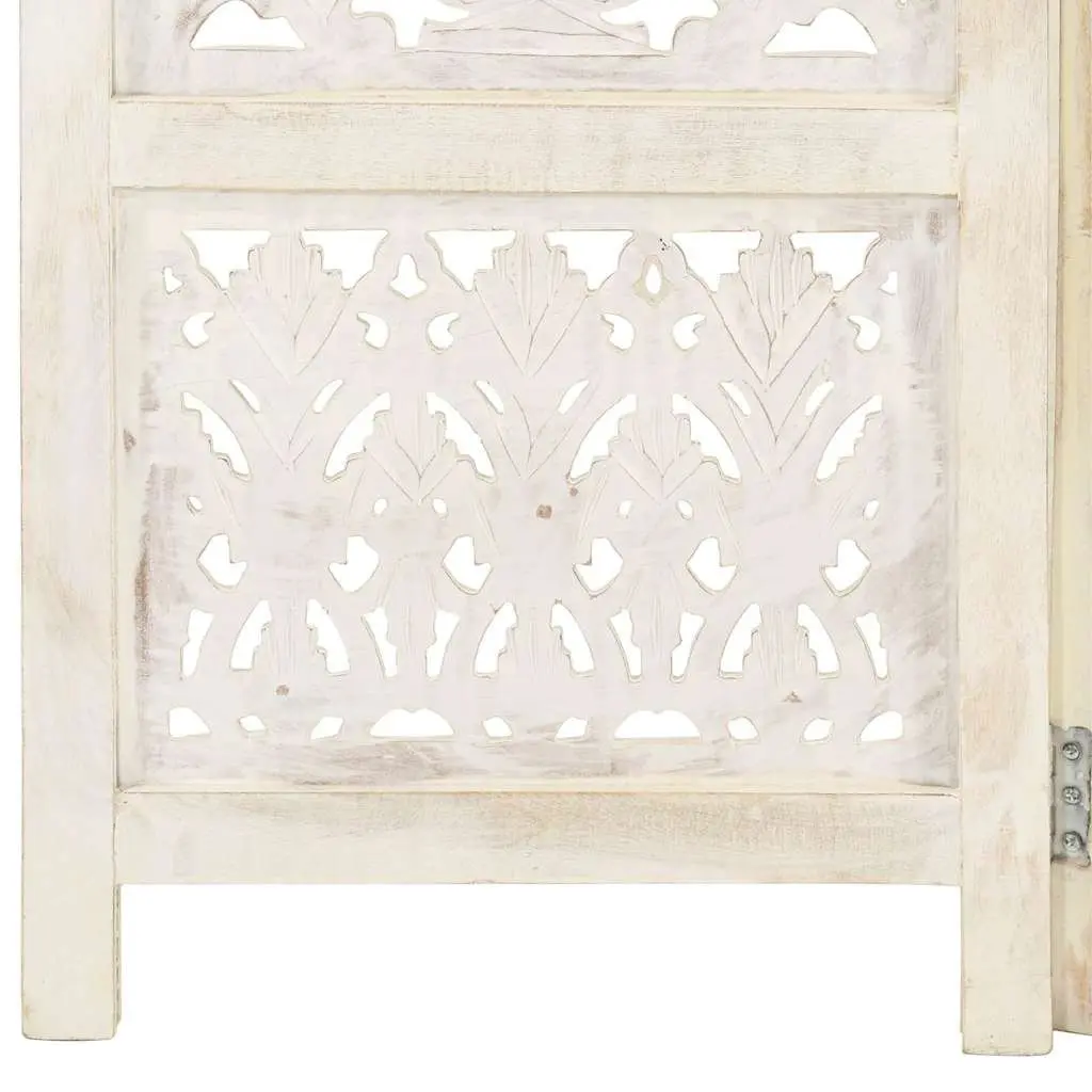 3-Panel Room Divider Hand Carved White Folding Privacy Screen Wooden Partition