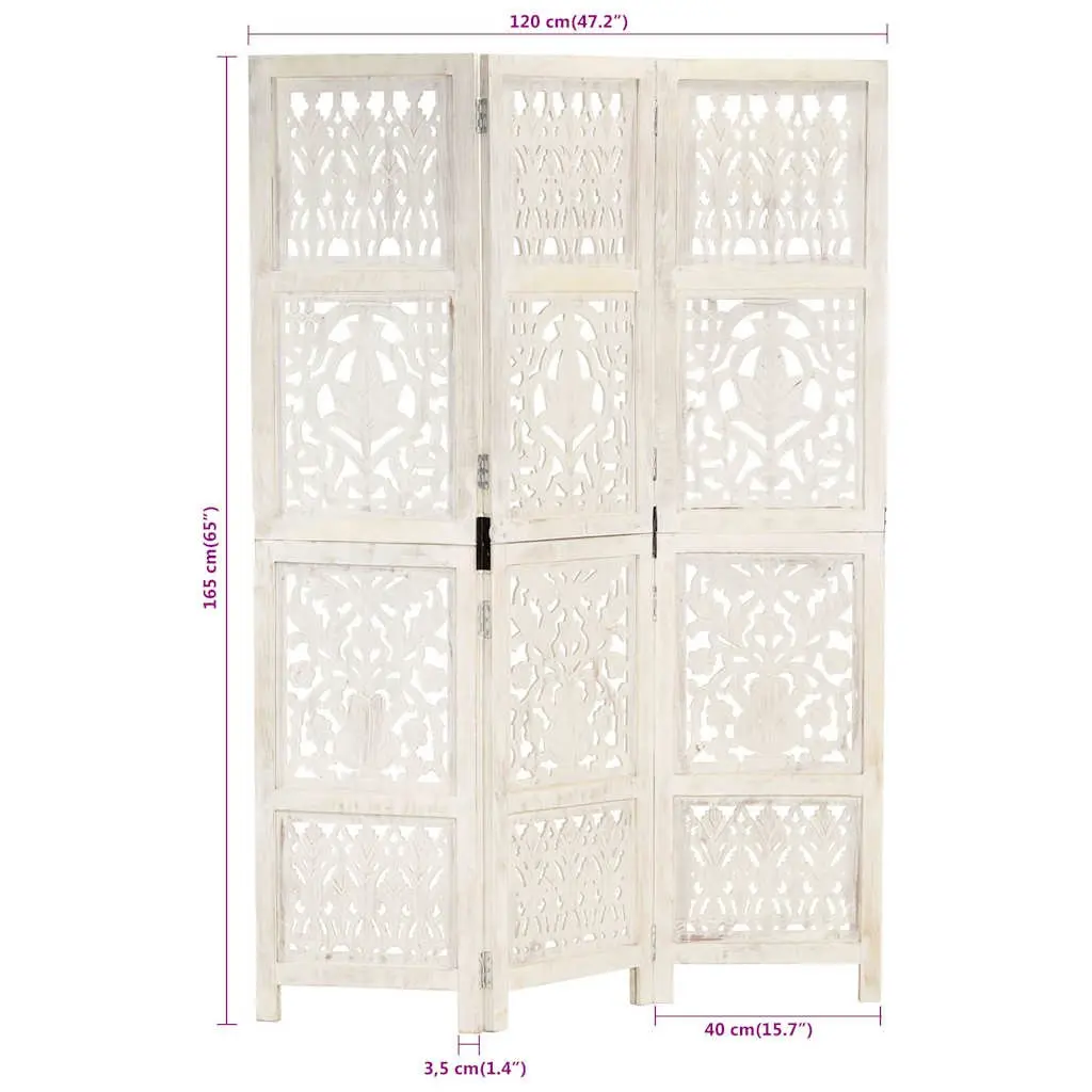 3-Panel Room Divider Hand Carved White Folding Privacy Screen Wooden Partition