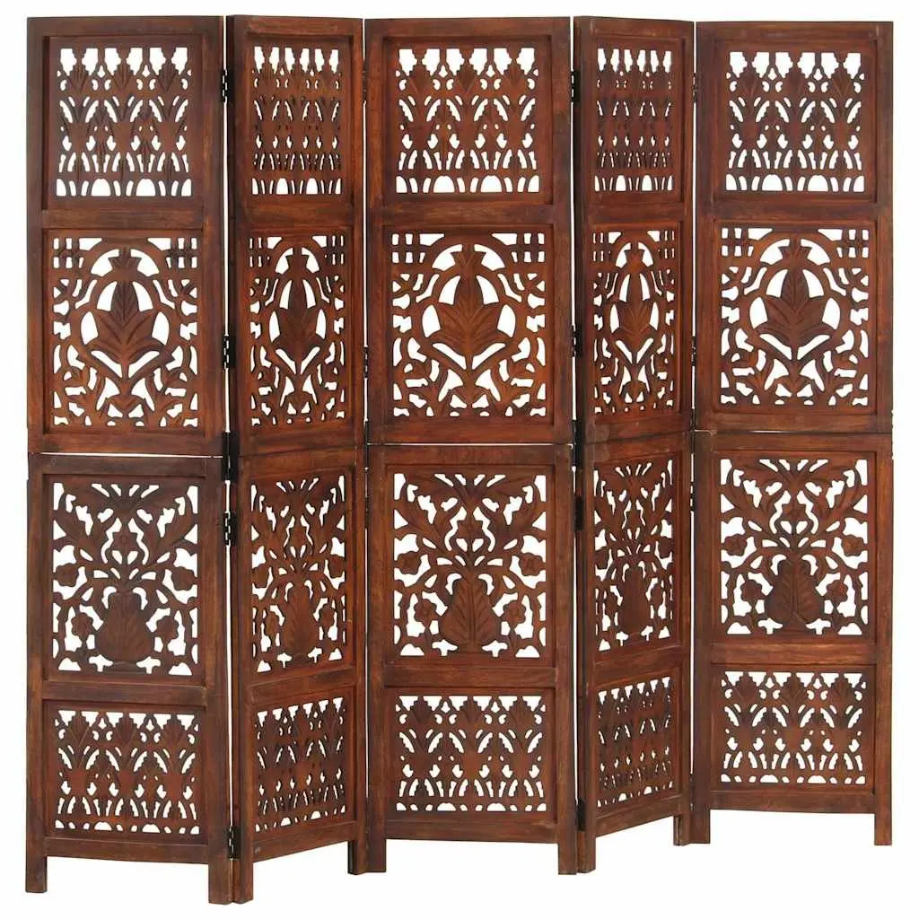 Hand Carved 5-Panel Wooden Room Divider