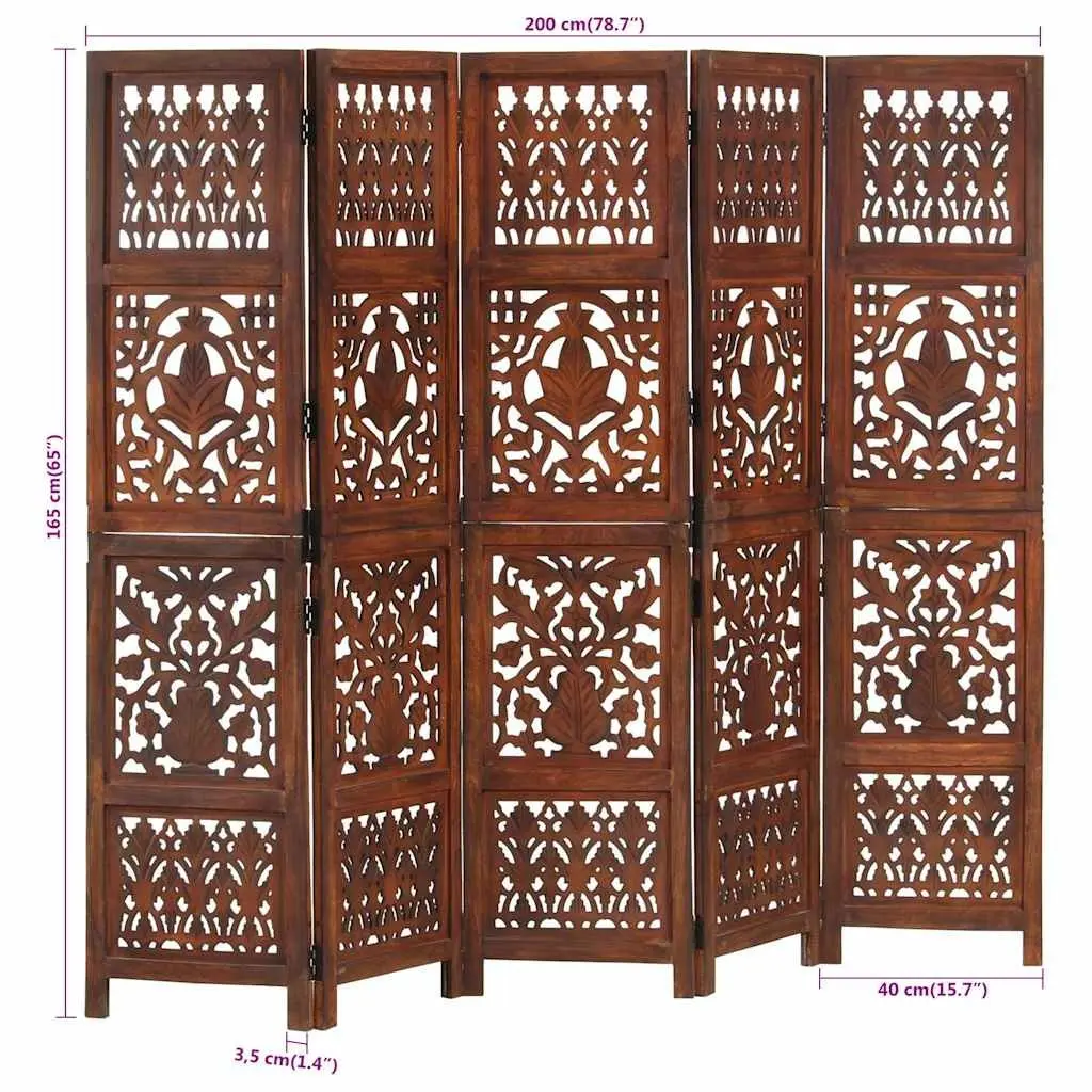 Hand Carved 5-Panel Wooden Room Divider