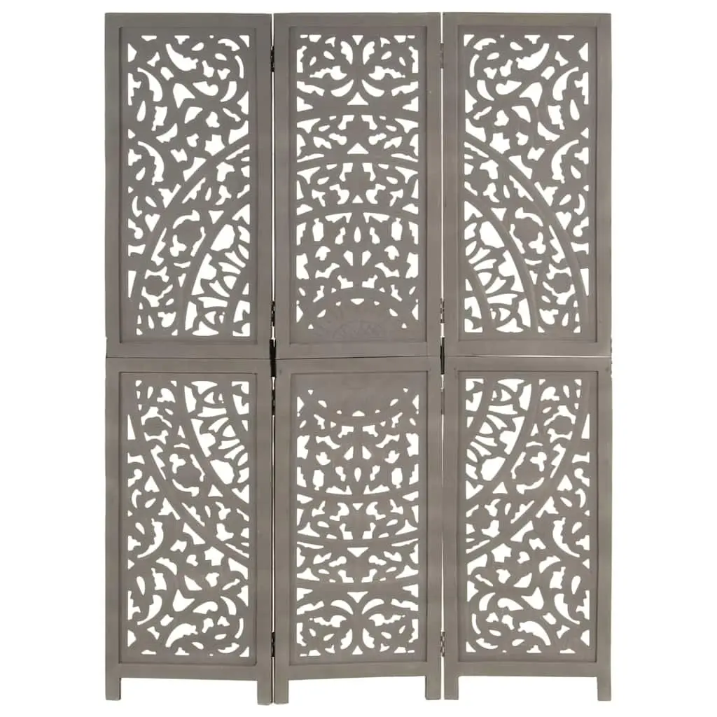 Hand Carved 3-Panel Room Divider Grey Folding Privacy Screen Space Saving Home