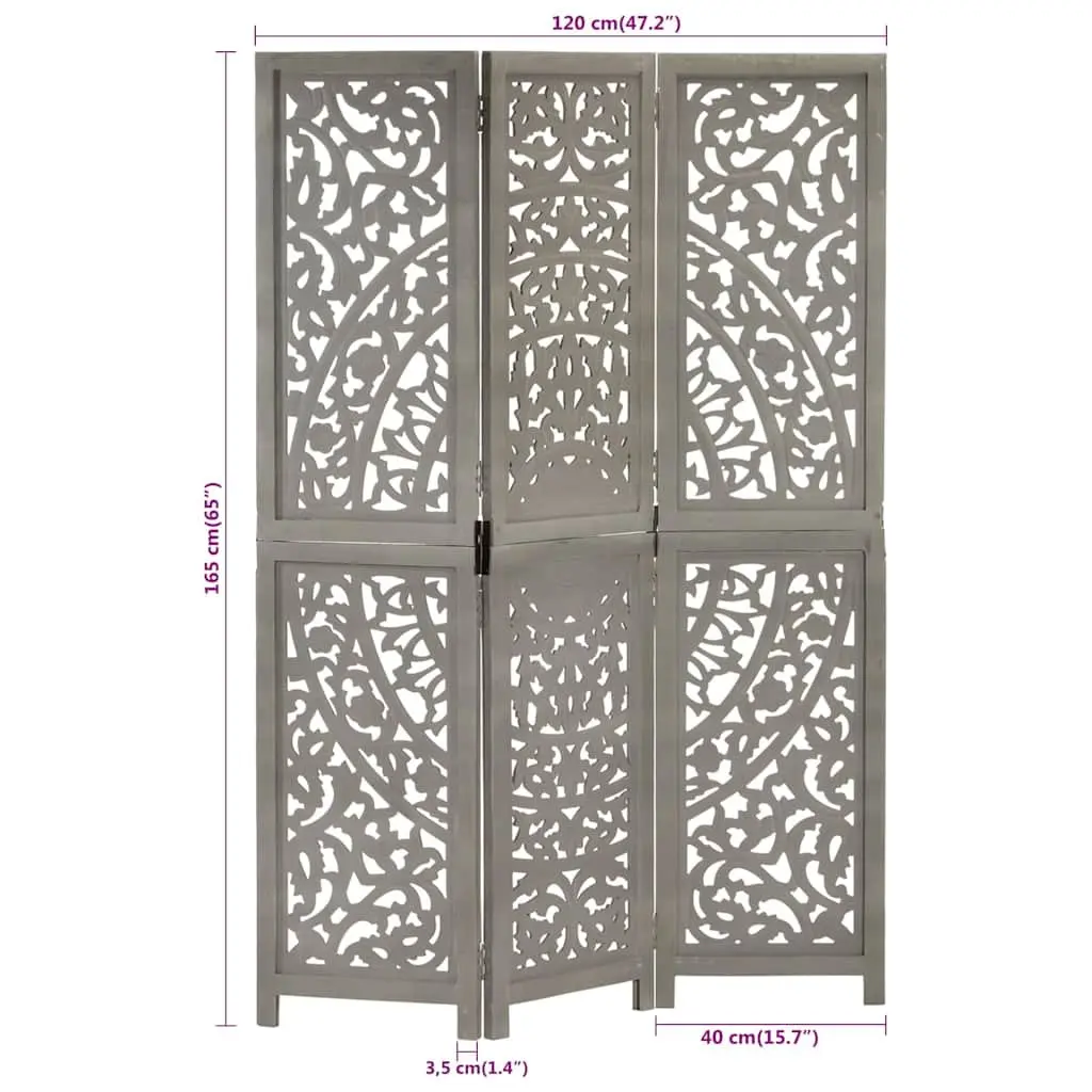 Hand Carved 3-Panel Room Divider Grey Folding Privacy Screen Space Saving Home