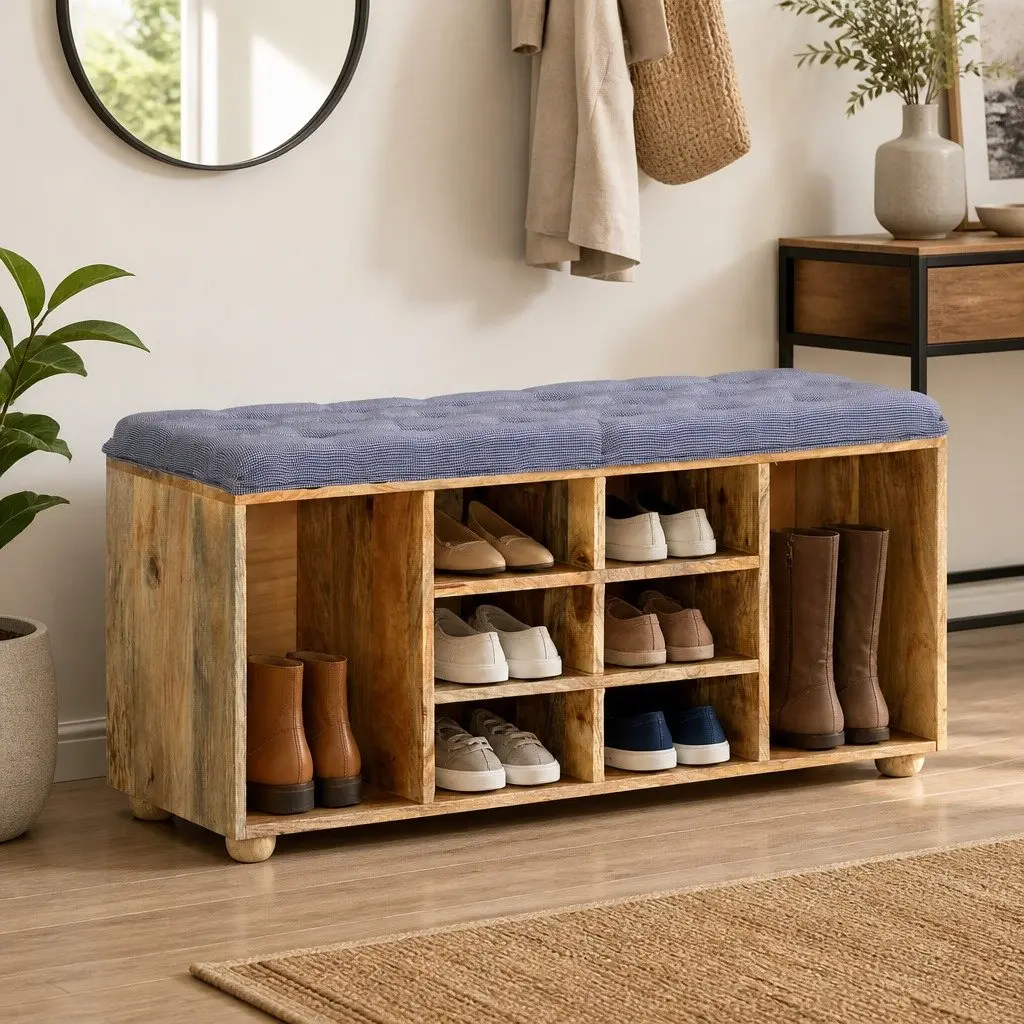Solid Wood Storage Bench with Padded Seat and Compartments