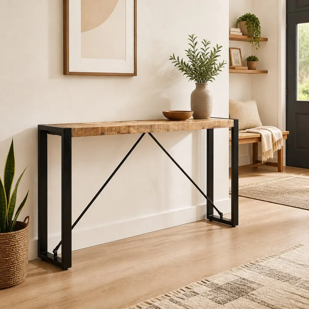 Industrial Solid Mango Wood Console Table with Steel Legs