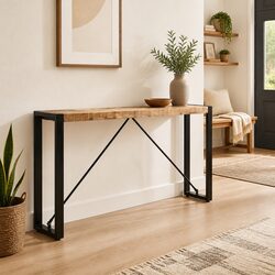 Industrial Solid Mango Wood Console Table with Steel Legs
