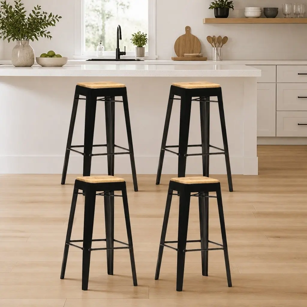 4-Piece Black Bar Stools Set in Solid Mango Wood