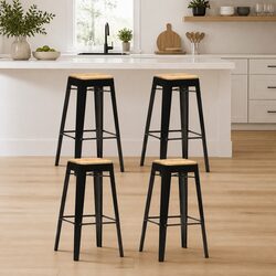 4-Piece Black Bar Stools Set in Solid Mango Wood