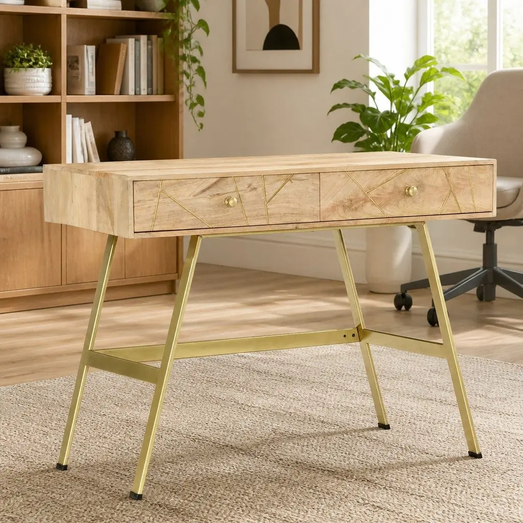 Writing Desk Solid Mango Wood 100x55x75cm Brown Industrial Office Table