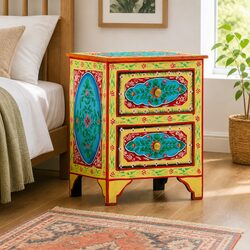 Hand-Painted Multicolour Wooden Nightstand in Mango Wood