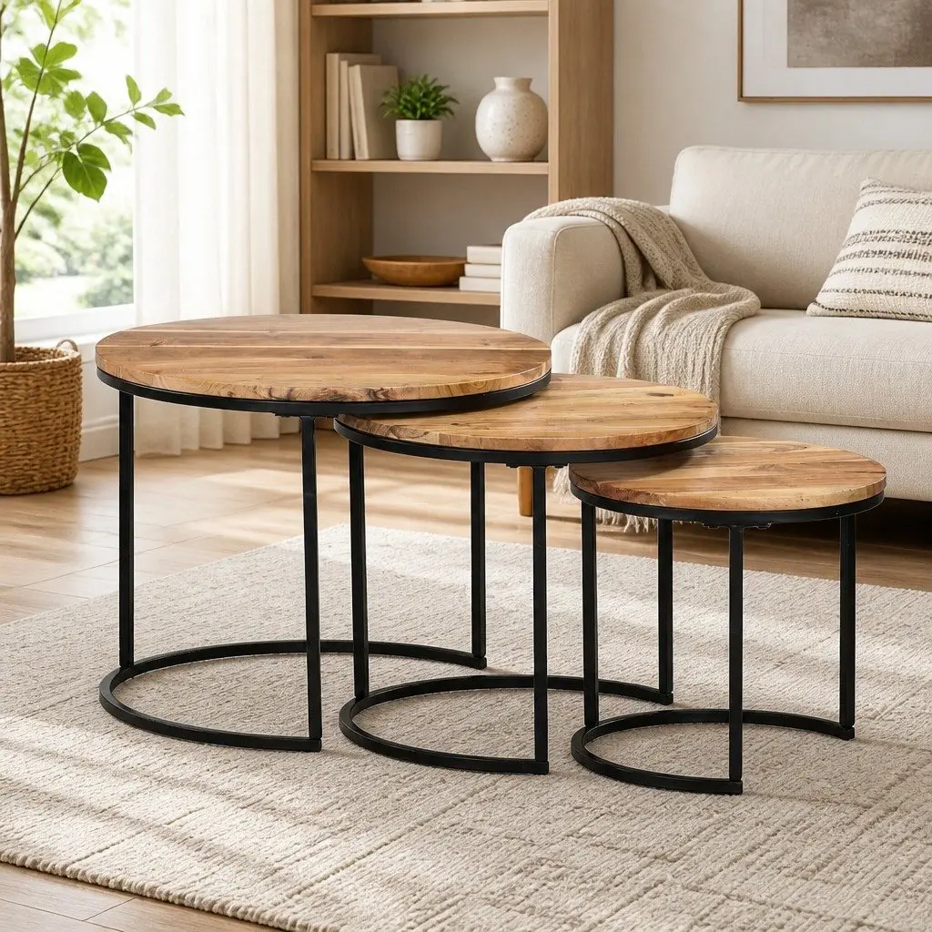 Solid Wood Acacia Brown Nesting Tables 3 pcs Set