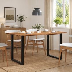 Solid Wood Dining Table with Steel Legs - 154x80x76 cm