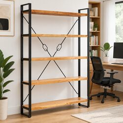 Sturdy 5-Tier Bookcase with Solid Acacia Wood