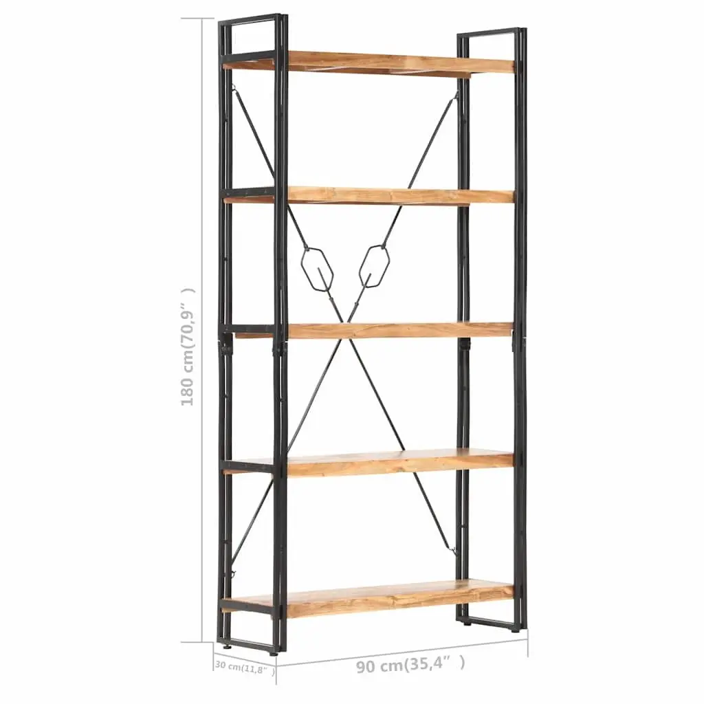 5-Tier Bookcase Solid Acacia Wood 90x30x180cm Brown Powder-coated Steel Frame