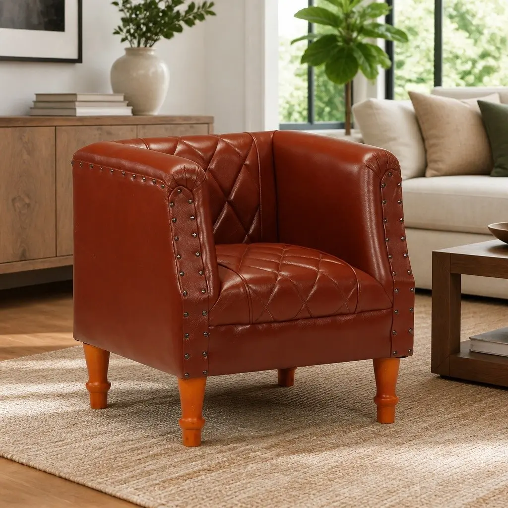 Tub Chair Goat Leather Brown Padded Living Room Lounge Seat Solid Mango Wood Legs