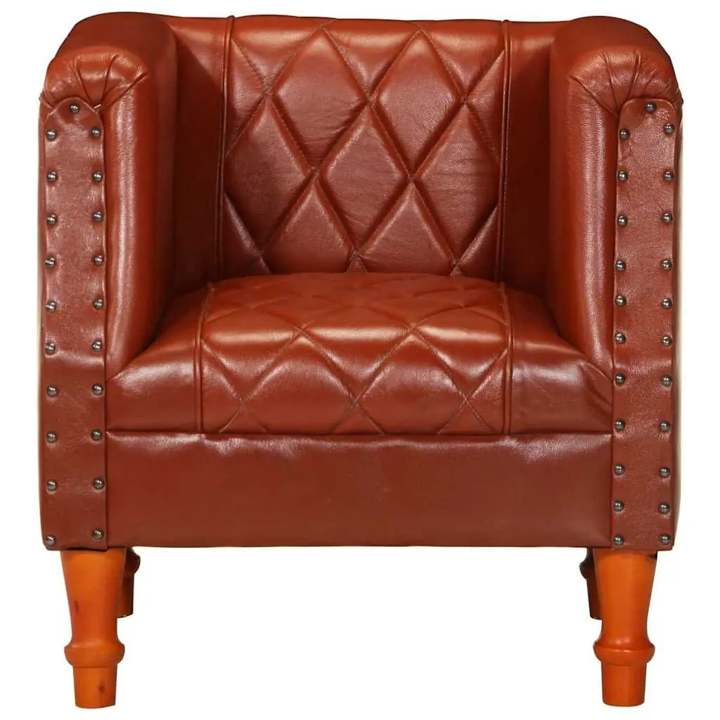 Tub Chair Goat Leather Brown Padded Living Room Lounge Seat Solid Mango Wood Legs
