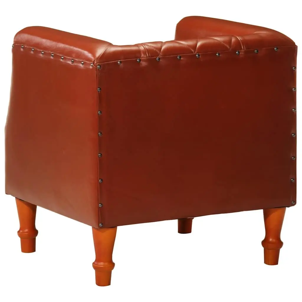 Tub Chair Goat Leather Brown Padded Living Room Lounge Seat Solid Mango Wood Legs