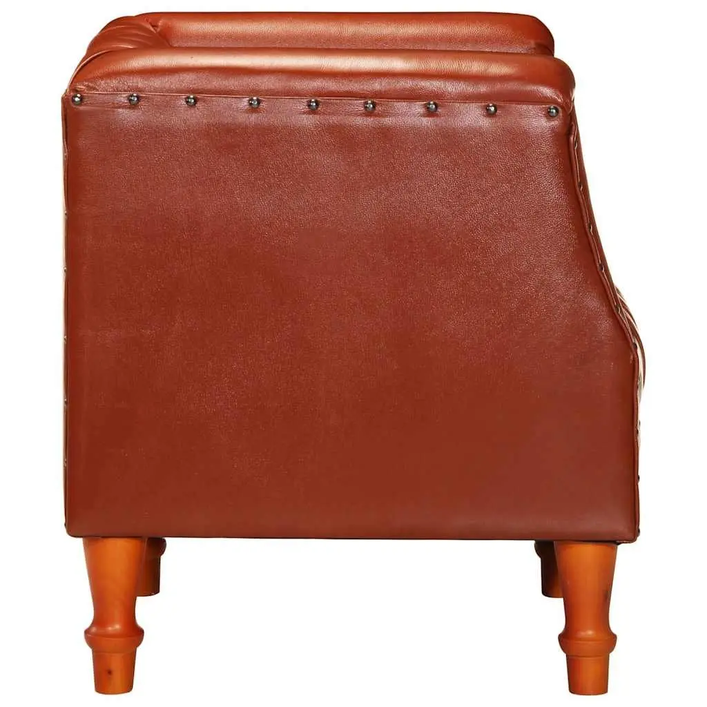Tub Chair Goat Leather Brown Padded Living Room Lounge Seat Solid Mango Wood Legs
