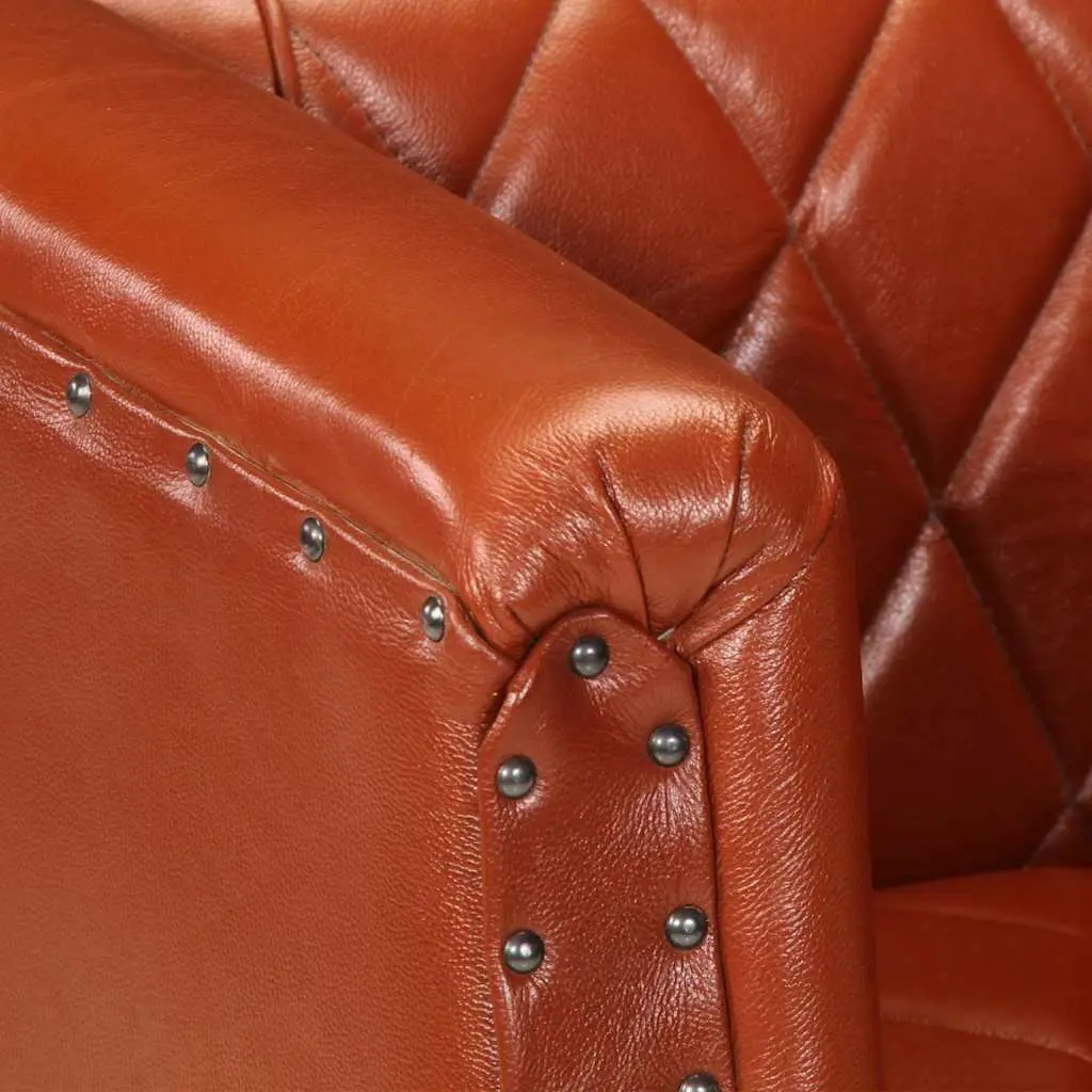 Tub Chair Goat Leather Brown Padded Living Room Lounge Seat Solid Mango Wood Legs