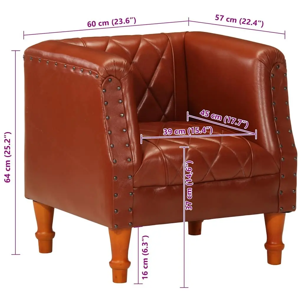Tub Chair Goat Leather Brown Padded Living Room Lounge Seat Solid Mango Wood Legs