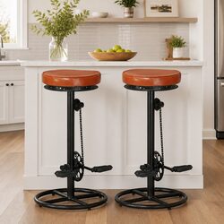 Industrial Brown Goat Leather Bar Stools with Pedal Footrests