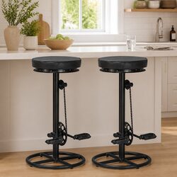 Bar Stools 2 pcs Black Leather Bicycle Pedal Footrest Industrial Design Seating