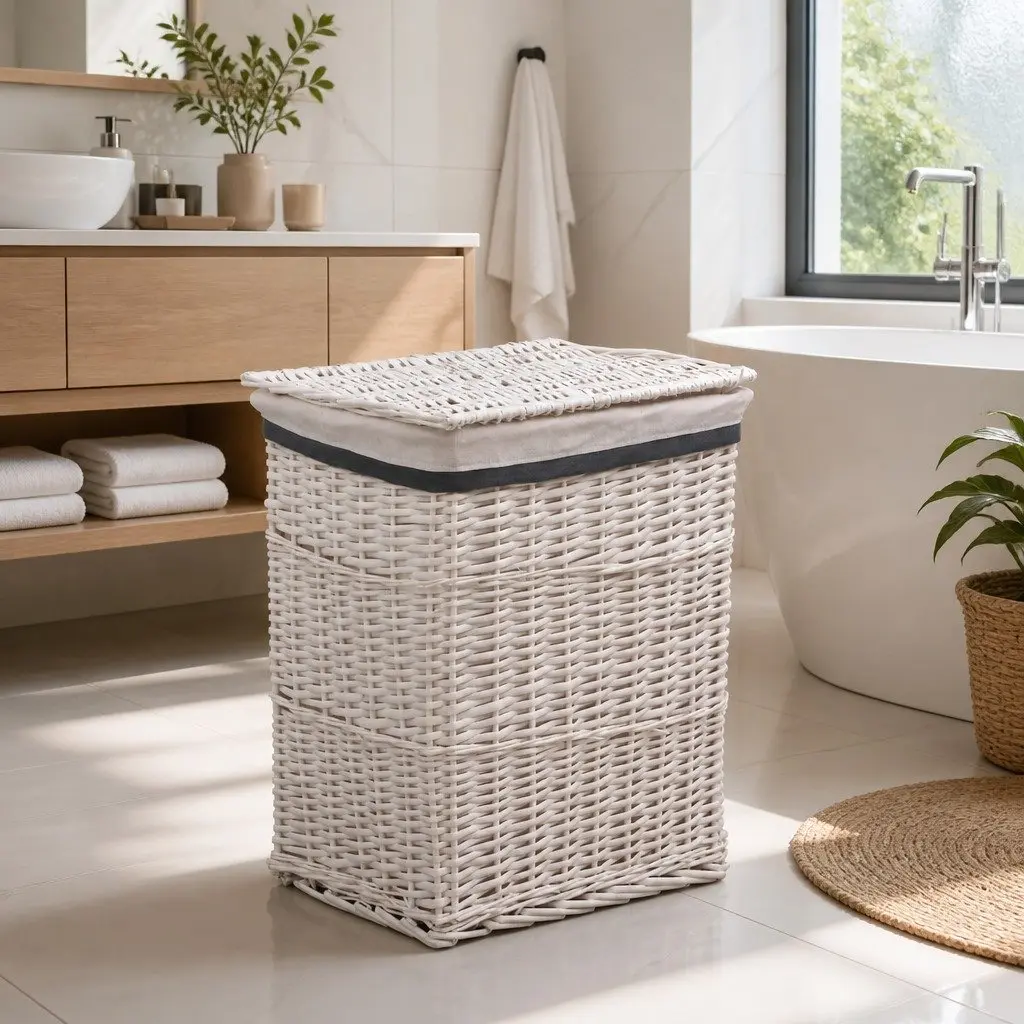 White Woven Willow Laundry Basket for Storage
