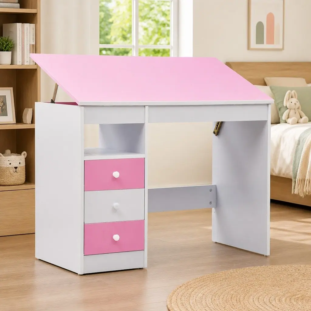 Children's Desk Engineered Wood Tiltable Pink White