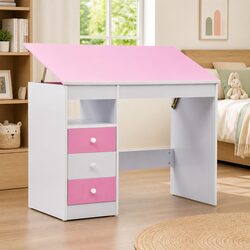 Children's Art Drawing Study Desk Tiltable Workspace Table Pink White Kids