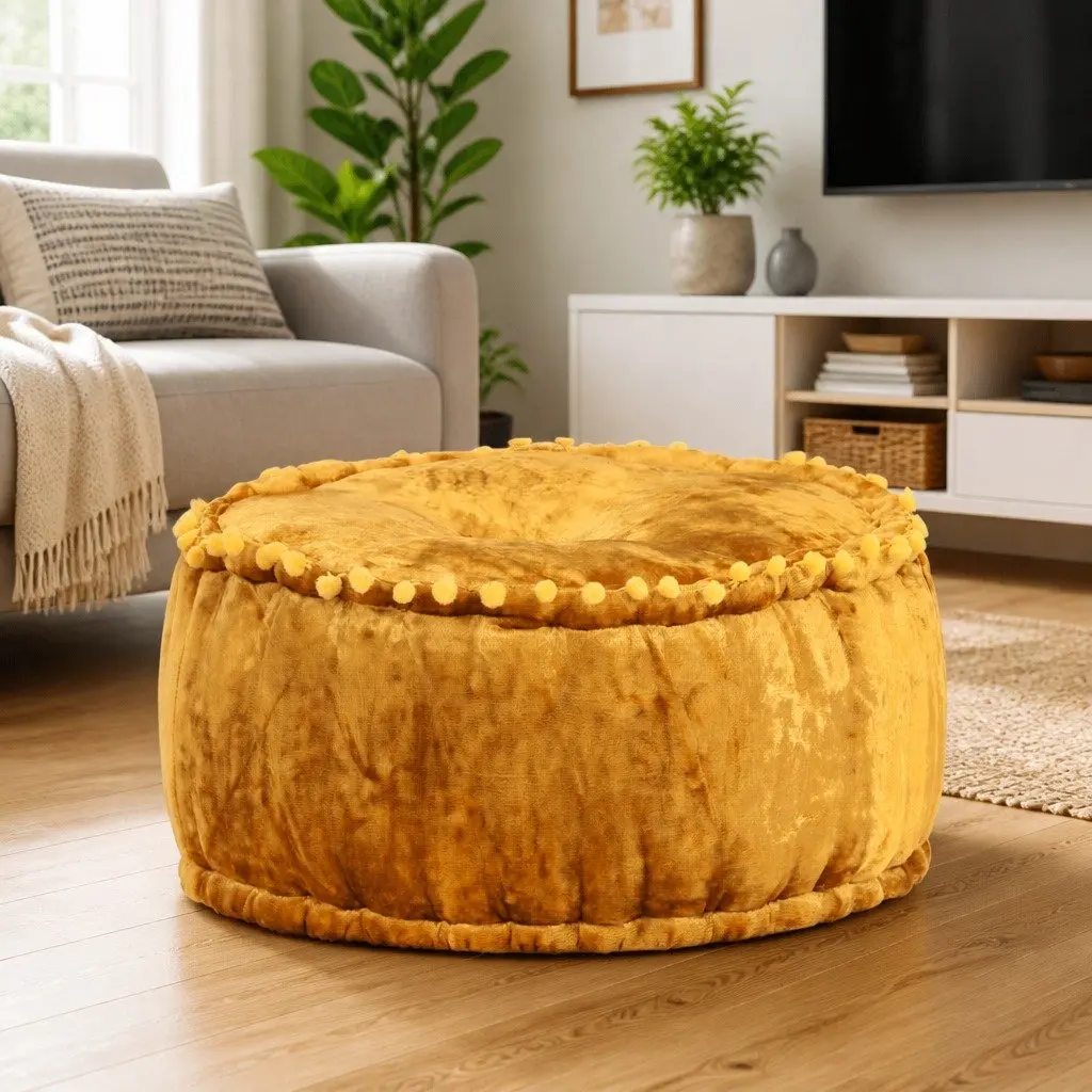 Round Pouffe Velvet 40x20cm Mustard Yellow