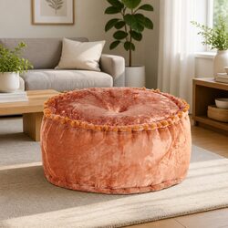 Beige Round Velvet Pouffe for Comfortable Seating