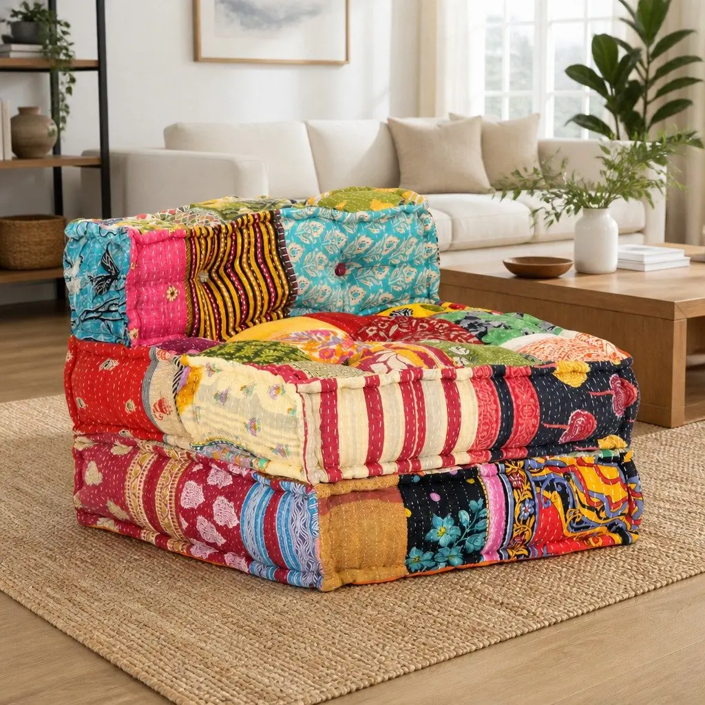 Modular Pouffe in Multicolour Patchwork Fabric
