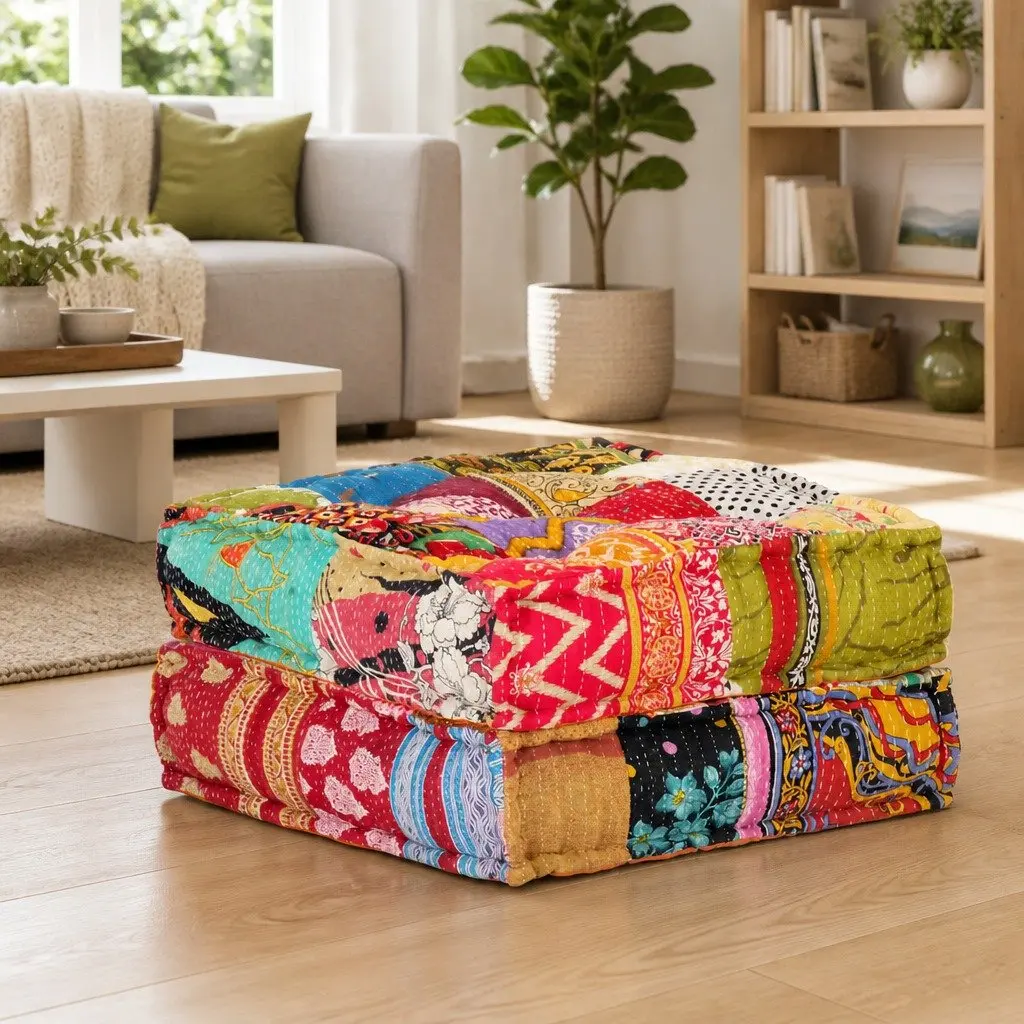 Multicolour Patchwork Pouffe Footrest Soft Fabric Ottoman