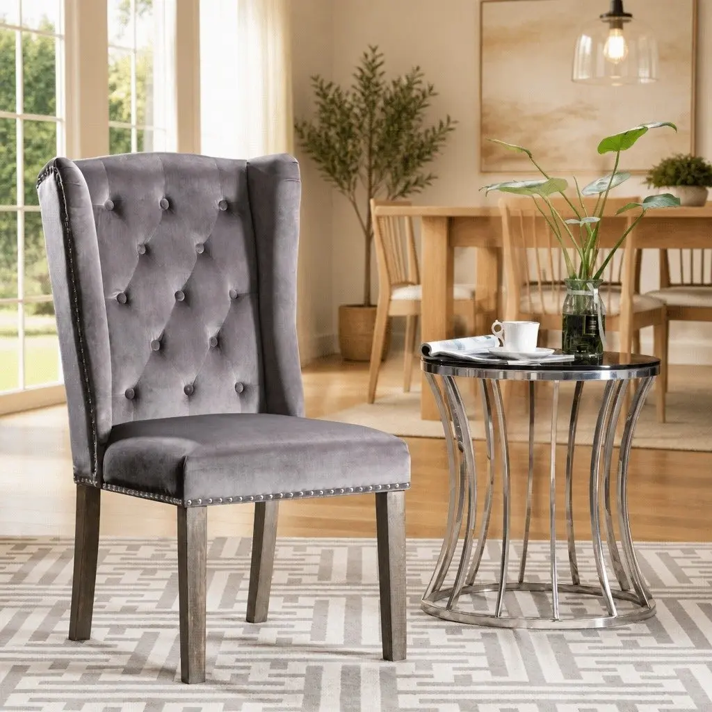 Dining Chair Velvet Grey Upholstered Button Backrest Rubberwood Legs