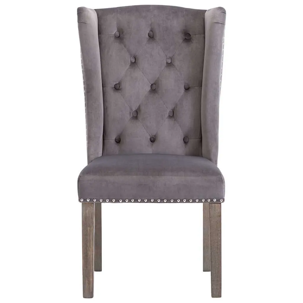 Dining Chair Velvet Grey Upholstered Button Backrest Rubberwood Legs