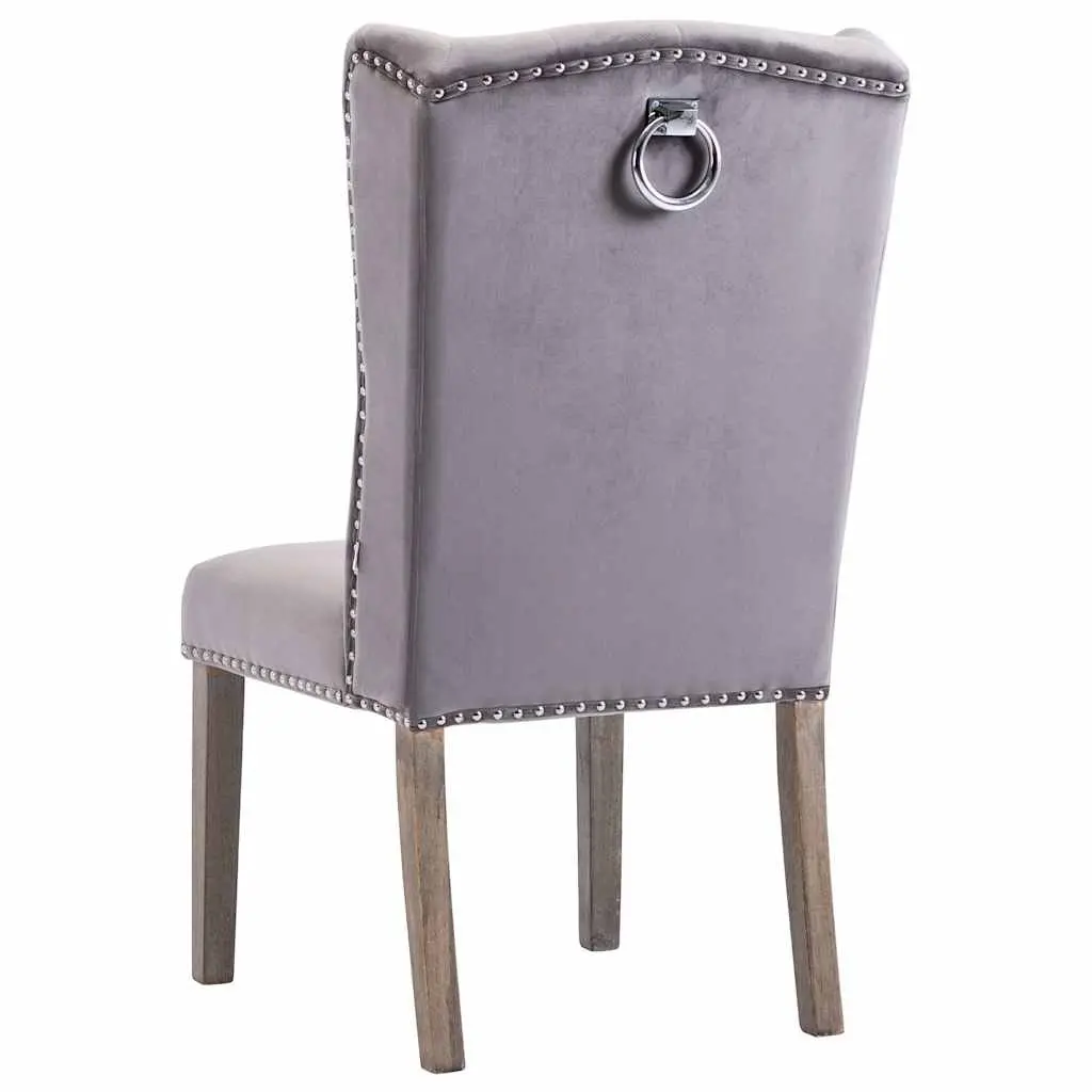 Dining Chair Velvet Grey Upholstered Button Backrest Rubberwood Legs