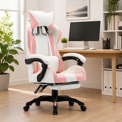 Pink and White Faux Leather Racing Office Chair with Footrest