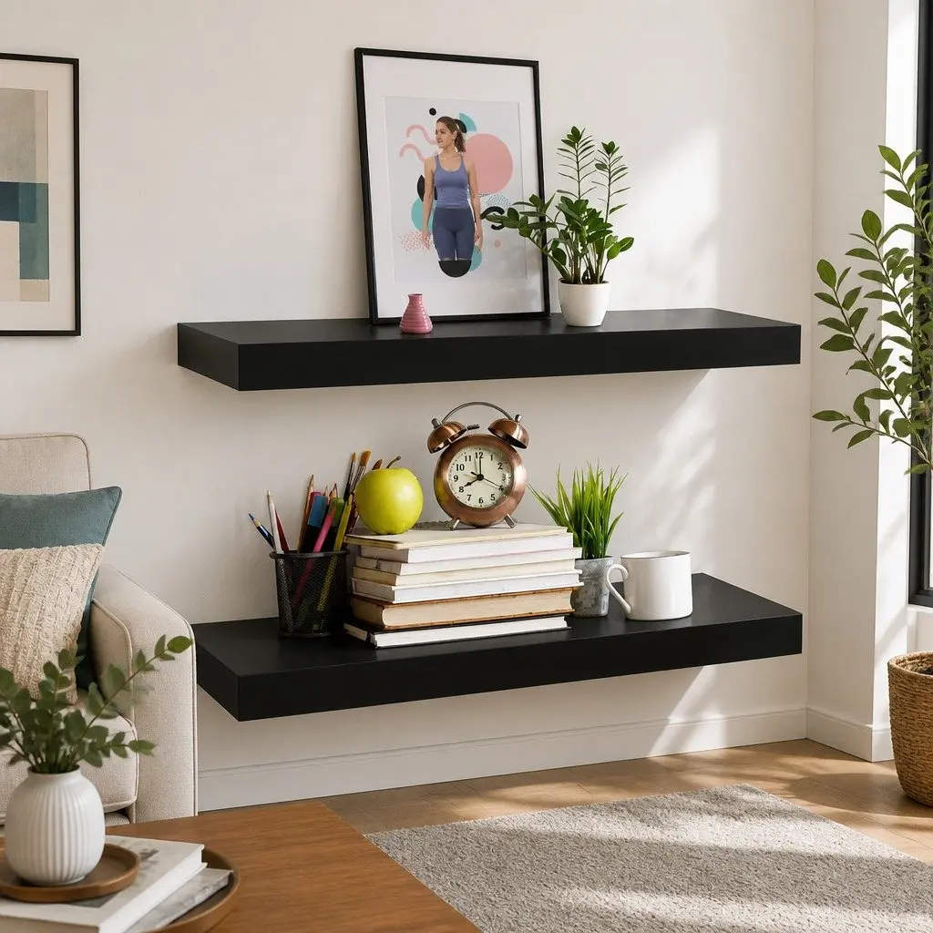 Black Floating Wall Shelves Display Set 40x20cm