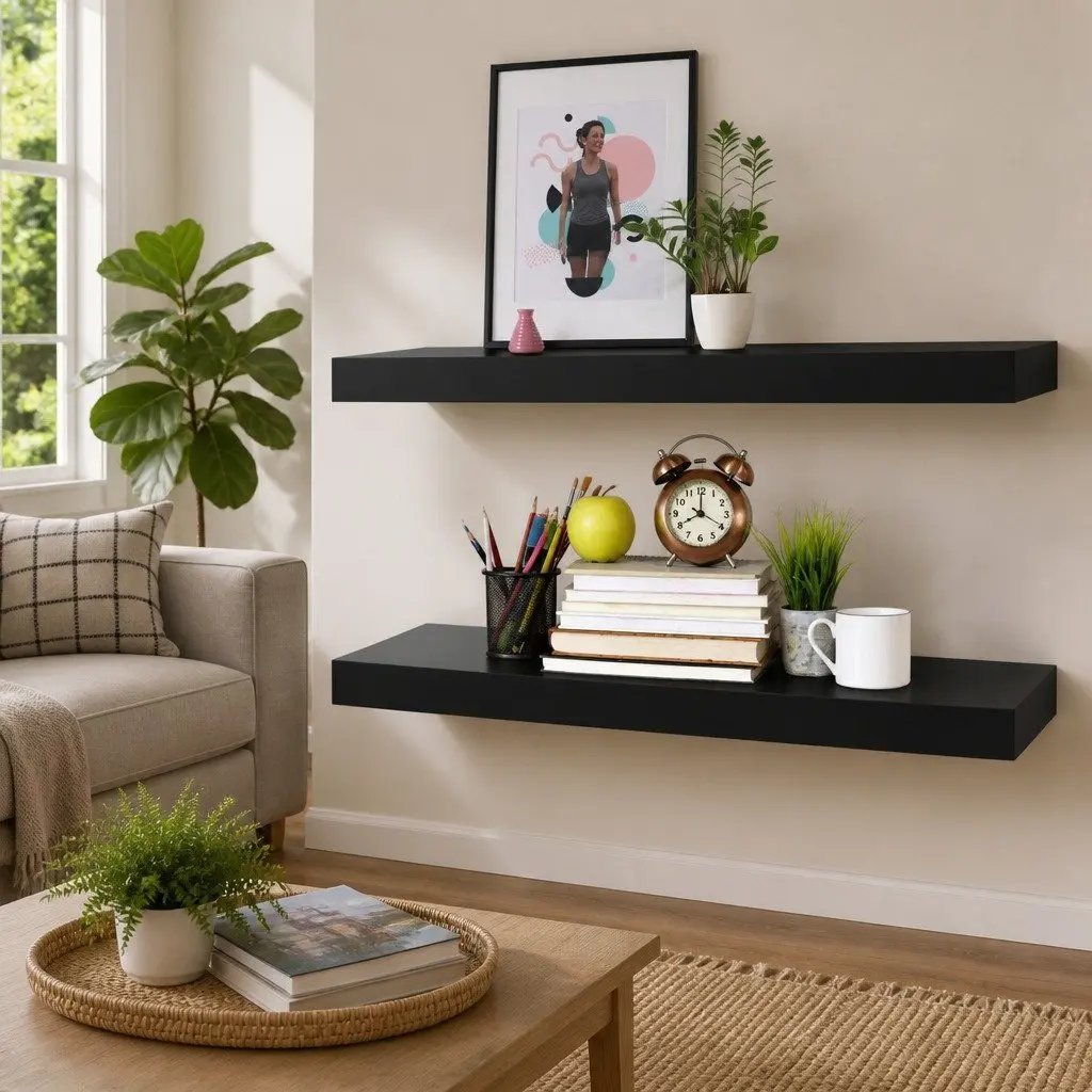 Floating Wall Shelves 2 pcs Black Display Storage Hanging Shelf Home Decor